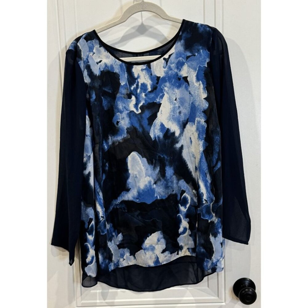 DKNYC Blue Watercolor Print Chiffon Blouse 1xl Long Sheer Sleeves EUC Casual